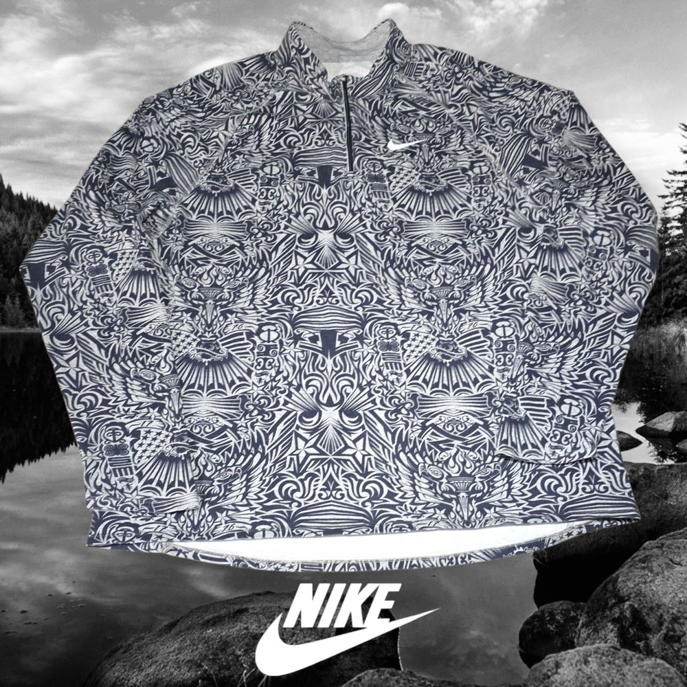 Nike Pullover Mens Tribal Eagle Graphic Fit DRY Quarter Zip Gray Navy XXL